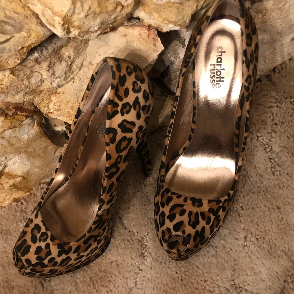 Charlotte Russe Leopard Print Peep-Toe Platform Pumps - Brown/Black